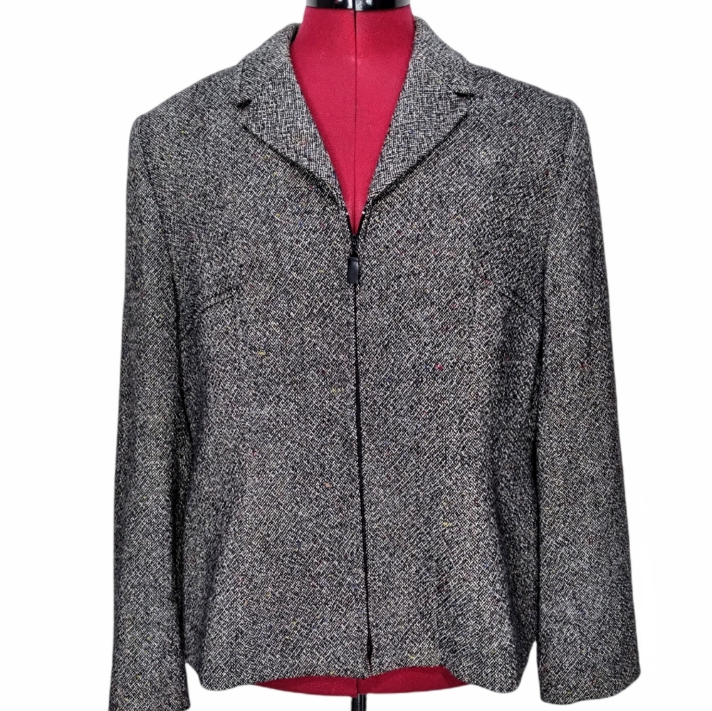 Vintage Kasper ASL Petite Tweed Zip Wool Black White Blazer Jacket Coat Size 12P